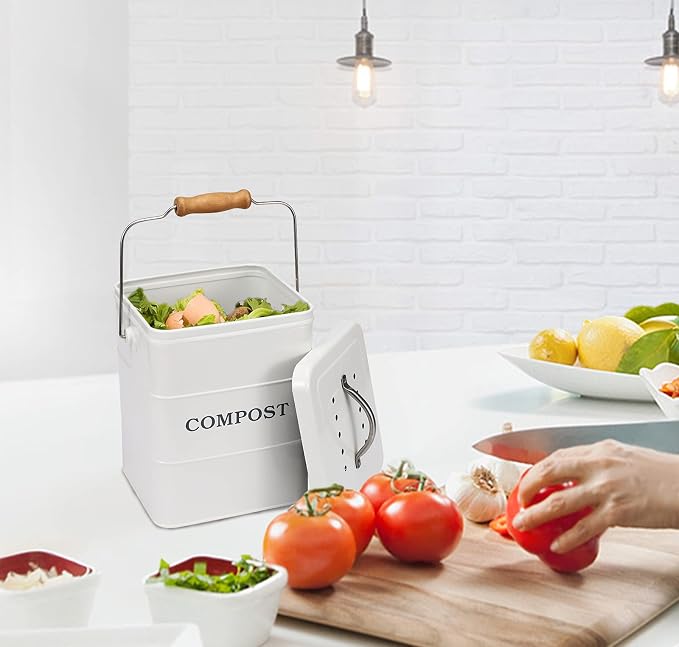 Stainless Steel Compost Bin, 1 Gallon, Kitchen Countertop Compost Bin, Includes Charcoal Filter, White