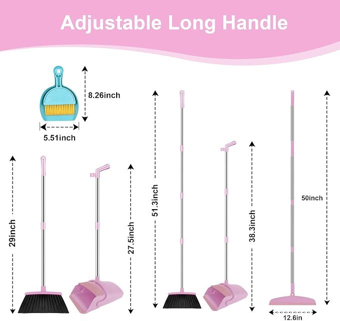 Broom and Dustpan Combo Set, 52" Long Handle with Squeegee & Mini Set | Pink Complete Cleaning Kit, Built-in Comb Dustpan, Floor Squeegee for Wet & Dry Messes, Mini Broom Set，for Home & Pet Areas