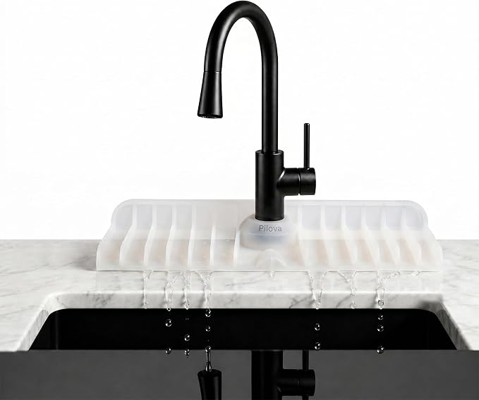 Premium Kitchen Sink Splash Guard – 16" x 5.7" Silicone Faucet Mat with Secure Pressure Clip, True 10° 3D Drainage(No Pooling), Anti-Lift Design, Flexible Leak-Sealing Ring, Non-Slip Fit Behind Faucet