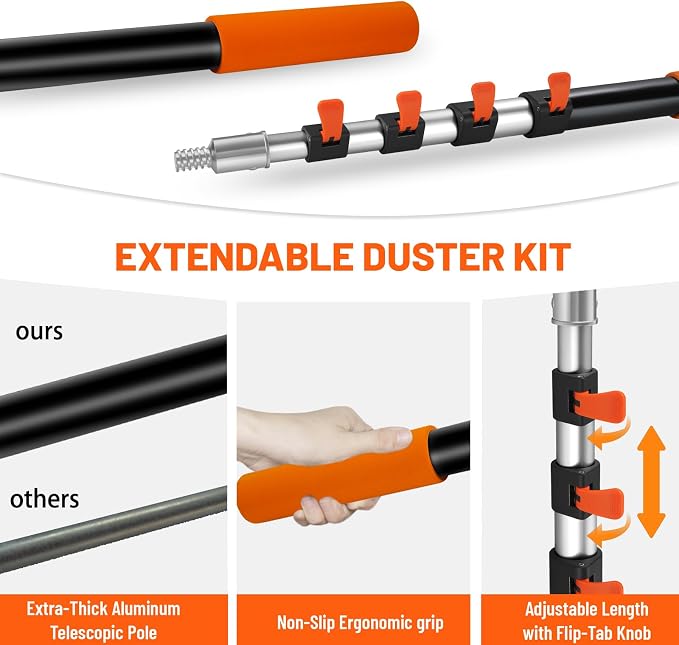20ft High Reach Duster Kit with Extendable Pole,High Ceiling Duster Kits | Includes Ceiling Fan Blade Cleaner, Cobweb Remover, Bendable Duster, Microfiber Glass Scrubber&Squeegee(Extension pole:5-12ft