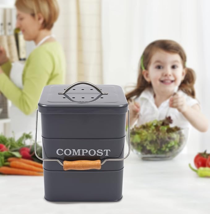Stainless Steel Compost Bin, 1 Gallon, Kitchen Countertop Compost Bin, Includes Charcoal Filter, Compost Bucket Kitchen Pail Compost with Lid, Gray