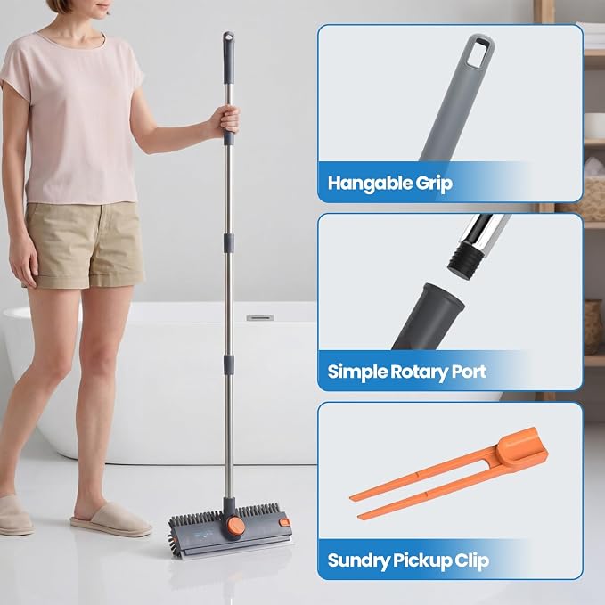 3 in 1 Floor Scrub Brush, Heavy Duty 90° Bristle with Squeegee (Gray) | 3 heights adjustable 360° brush head Perfect for bathroom, kitchen, garage & patio