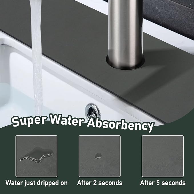 LOPNUR Faucet Mat for Kitchen Sink Cuttable, 24 Inch Long Sink Splash Guard Behind Faucet, Super Absorbent Diatomite Sink Protector Mat, Bathroom Water Splash Guard Fast Dry, Easy to Cut, Grey