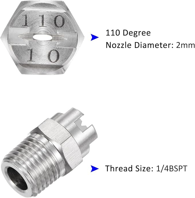 M METERXITY 5-Pack Flat Fan Spray Tip, 110 Degree 1/4BSPT Male Stainless Steel Pressure Washer Nozzles Cleaner Nozzle Replacement W Sealing Tape for Water Guns (2mm Orifice)