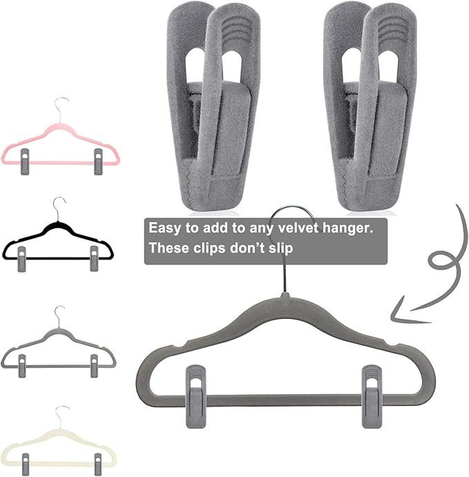 Grey Hanger Clips for Velvet Hangers - 40 PCS Gray Nonslip Velvet Hanger Clips, Skirt Hanger Flocking Clips Fit for Slim Velvet Hangers