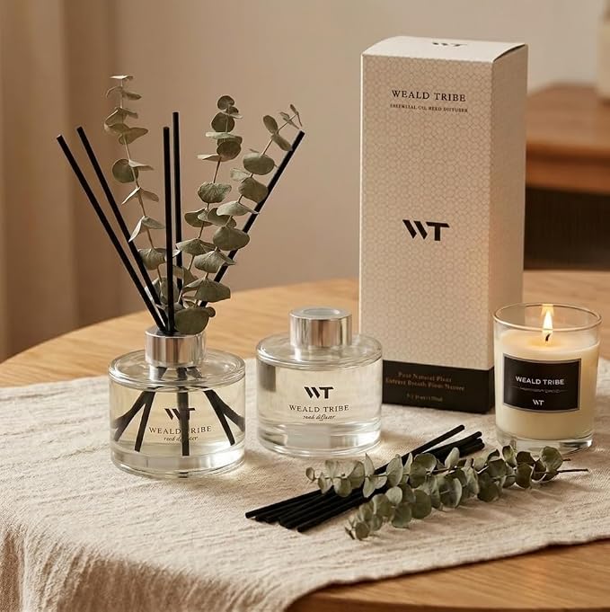 Flower Reed Diffuser Set Wild Eucalyptus Mint Scent for Bathroom Accessories Shelf Decor & Air Fresheners, Sticks Defusers with 5.1 fl oz Essential Oils & Leaves, House Bedroom Office Decor & Gifts