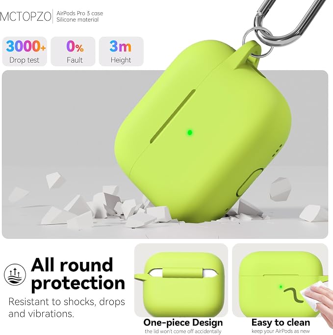 for AirPods Pro 3 Case 2025,Come with Cleaner Kit,Fluorescent Green | Silicone Protective Cover for Airpod Pro 3rd Generation Case with Keychain,for Women Men,One-Piece Design,Shockproof