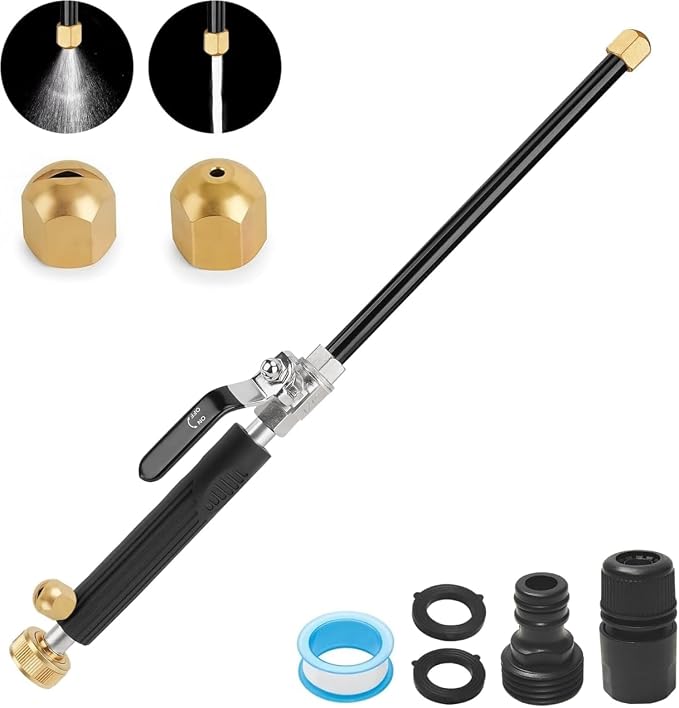 Jet Nozzle for Garden Hose, Metal Power Washer Wand with 2 Brass Nozzles, High Pressure Washer with Quick Connect Adapter for Car Wash, Patio, Window and Garden Watering（Black）