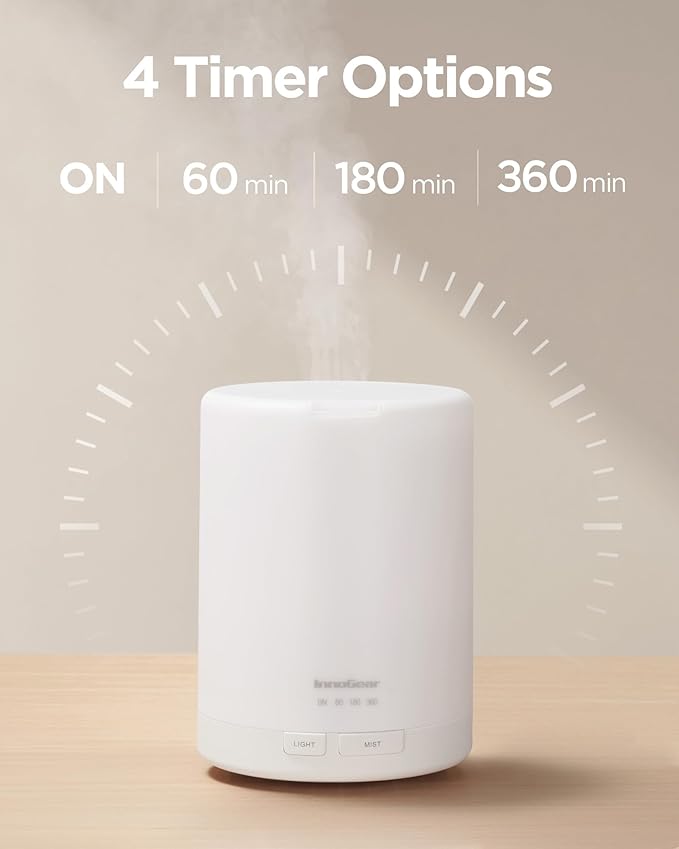 InnoGear 300ml Essential Oil Diffuser for Home Humidifier, Basic White | Aromatherapy, Cool Mist Humidifier, Ultrasonic, Large Room, Run up to 10hrs, Waterless Auto Off, 7 LED Lights, Quiet