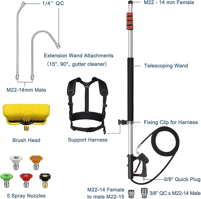 LidoDola 24FT Telescoping Pressure Washer Wand, Power Washer Accessory | Effortlessly Cleans Farther,Lightweight aluminum extension pole, Includes 2 Extension Wands, Brush, 5 Nozzles & Harness