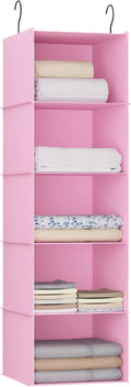 Hanging Closet Organizer 5-Shelf, Oxford Fabric Wardrobe Storage, Pink | Easy-mount foldable design holds clothes, handbags, shoes & accessories; washable Oxford fabric, sturdy and space-saving.