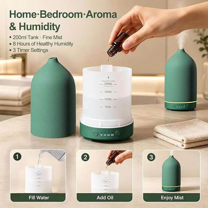 200ML Ceramic Essential Oil Diffuser for Home, Stone Diffuser | Ultrasonic Aromatherapy Diffuser & Air Humidifier for Bedroom, Office, Yoga, 7 LED Lights, Auto Shut-Off, 3 Timers, Green