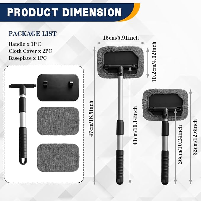Windshield Cleaning Tool, Car Window Cleaner, Vehicle Window Cleaner with Extendable Handle & 2 Washable Microfiber Pads, Car Interior Glass Wiper Cleaning Kit for Most Vehicles (Grey)