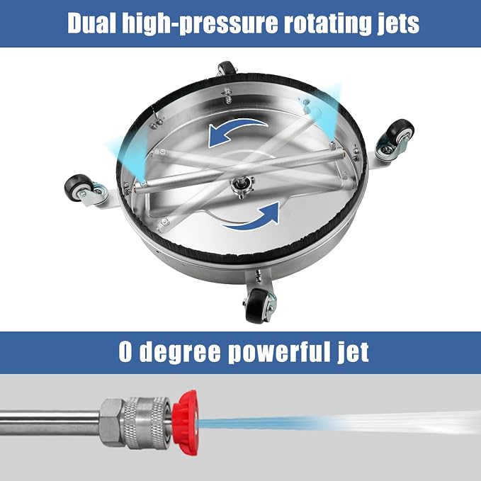 JANZ 17'' Pressure Washer Surface Cleaner | 4 Wheels, Stainless Steel Housing, 1/4'' Quick Plug, 2 Extension Wands, 2 Replacement Nozzles and 3 Spray Nozzles,4000 PSI