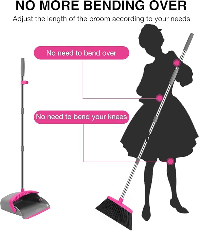 NACENA Broom and Dustpan Set, 52-in Long Adjustable Handle Broom Dustpan Combo with Dust pan Teeth to Automatically Clean Hair Suitable for Home Kitchen Office Hall Floor (Grey&Rose), 2 Pack