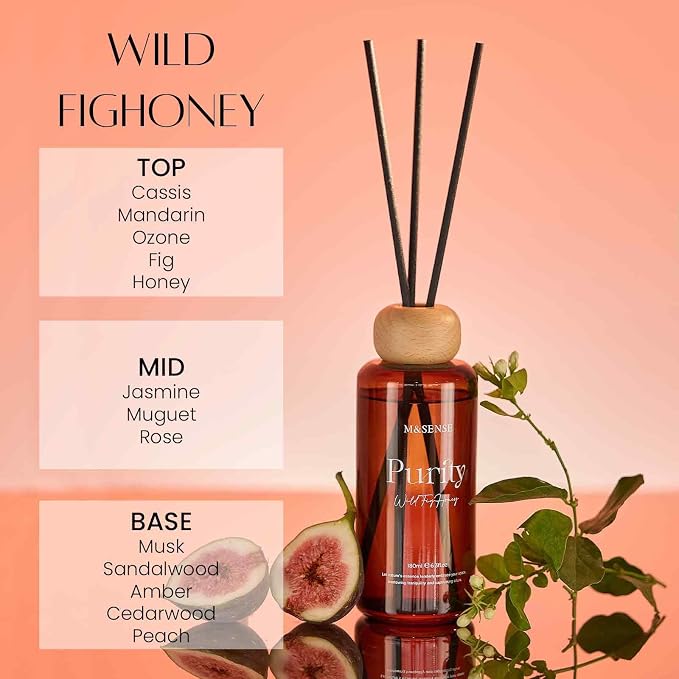 M&SENSE Reed Diffuser Set, Wild Fig Honey, 6.3 oz Natural Essential Oil | Non-Toxic Organic, Long-Lasting Fragrance, Ideal for Living Room, Dining Room, Gifts for Women