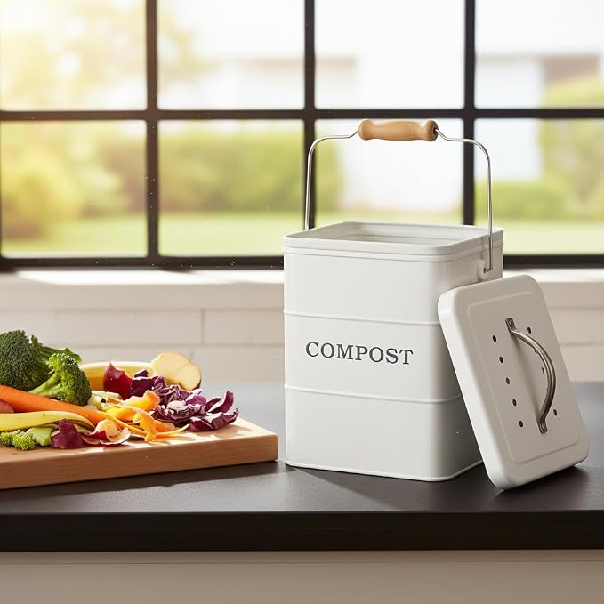 Compost Bin Kitchen Countertop Indoor Compost Pail Bucket, Great for Food Scraps, Carbon Steel, Handles, White, 1 Gallon - Includes Charcoal Filter