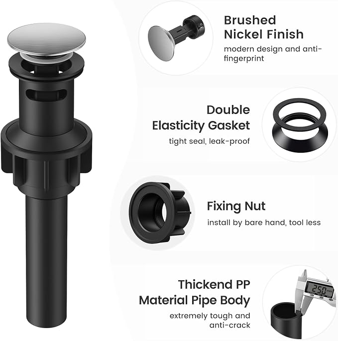 Bathroom Sink Drain with Overflow with Hair Catcher Anti-Clog Sink Strainer | Hurran Bathroom Sink Stopper for 1.65-1.9" Hole, Plastic Pop-up Drain for Bathroom Vanity Vessel Sink, Brushed Nickel, 2 Pack
