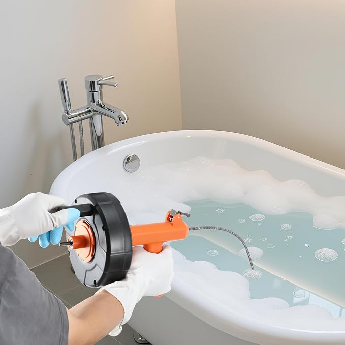 Drain Snake, Drain Auger with Drill Attachment, 25 Feet Plumbing Snake Auto Feed Flexible Hair Drain Clog Remover for Kitchen, Bathrom and Shower Sink with Gloves