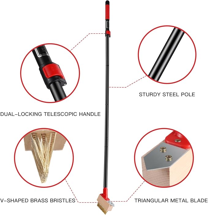 Moss Remove Brush with Long Handle(53IN), Deck Crevice Cleaning Tool, Weed Remover with Wire Brush & Metal Blade, Crack Moss Remover for Pavement Driveway Patio Sidewalk Paver(3 Brush Heads)