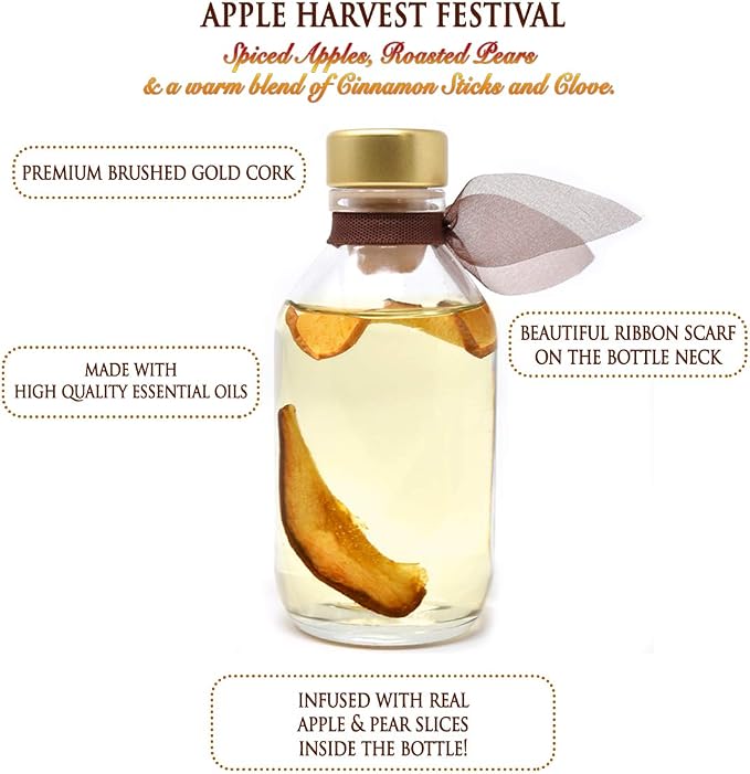Reed Diffuser Set - Apple Harvest Scented Diffuser with Sticks | Autumn Fall Home Fragrance Reed Diffuser for Bedroom, Bathroom Shelf Décor, with Real Apple + Cinnamon Stick in the Bottle