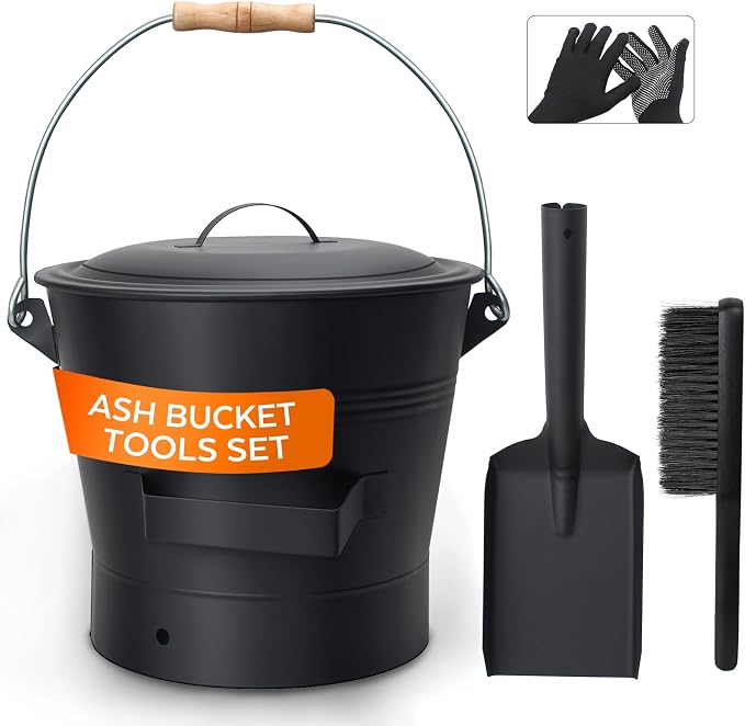 Ash Bucket with Lid and Shovel, 2.6 Gallon Metal Fireplace Ash Bucket with Broom, Complete Fireplace Tools Set for Wood Stove and Fireplace