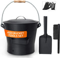 Ash Bucket with Lid and Shovel, 2.6 Gallon Metal Fireplace Ash Bucket with Broom, Complete Fireplace Tools Set for Wood Stove and Fireplace