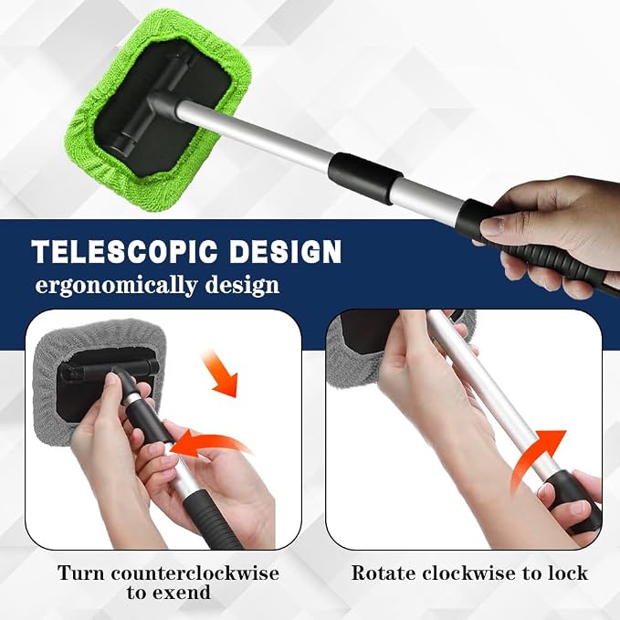 Windshield Cleaning Tool, Car Window Cleaner, Vehicle Window Cleaner with Extendable Handle & 2 Washable Microfiber Pads, Car Interior Glass Wiper Cleaning Kit for Most Vehicles (Green)