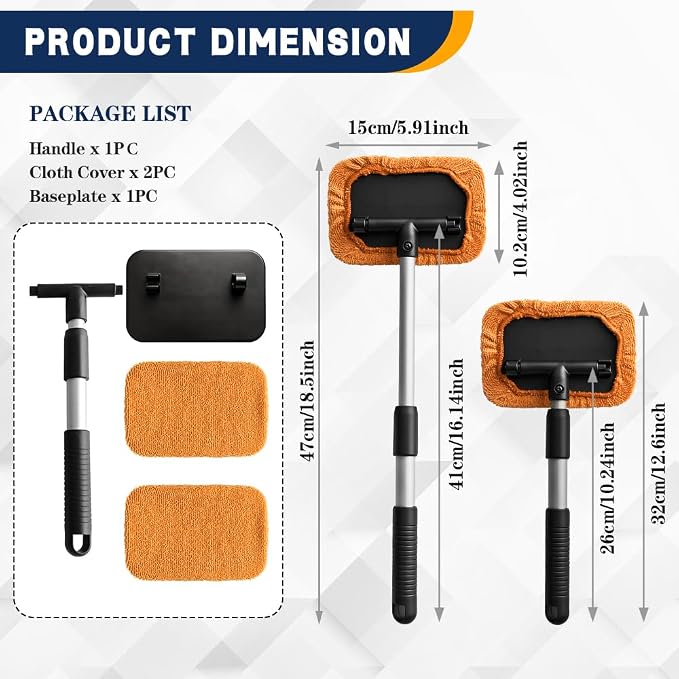 Windshield Cleaning Tool, Car Window Cleaner, Vehicle Window Cleaner with Extendable Handle & 2 Washable Microfiber Pads, Car Interior Glass Wiper Cleaning Kit for Most Vehicles (Orange)