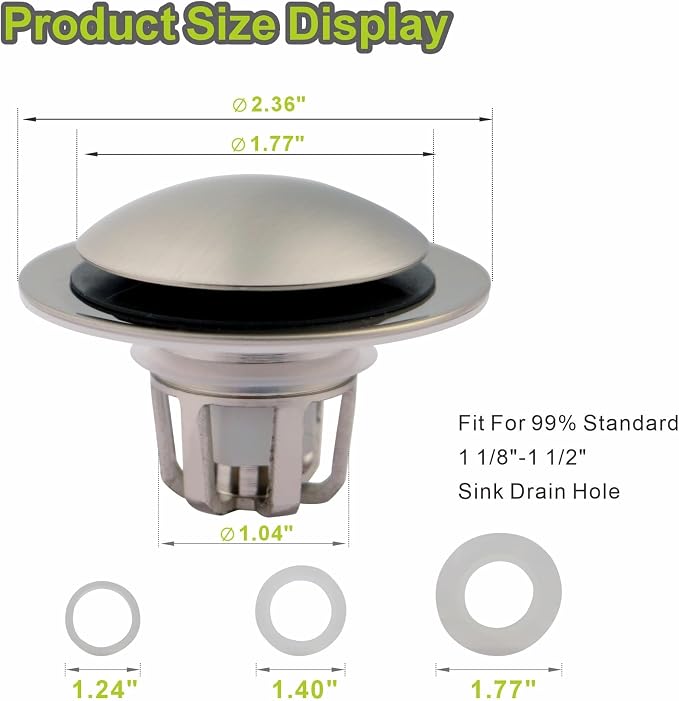 Pop Up Sink Drain Stopper Hair Catcher - Brushed Nickel 1 Pack | Satin nickel strainer replacement, Fits 1-1/8 & 1-1/2 drains, Anti clog hair catcher, Quick pop up seal, Push button gaskets.