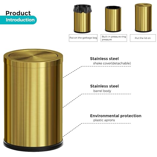 18L Stainless Steel Bathroom Trash Can, Gold, Round | 4.7 Gallon, Swing Lid, Elegant Waste Basket, For Toilet Bathroom Cafe Kitchen Office Hotel Home