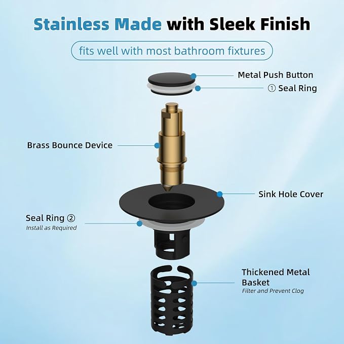 Universal Metal Bathroom Sink Drain Strainer Hair Catcher Upgraded 3 in 1 Pop-up Sink Stopper, with Detachable Stainless Steel Filter Basket, Fit for Standard 1.1''~2.36'' Basin Hole, Matte Black