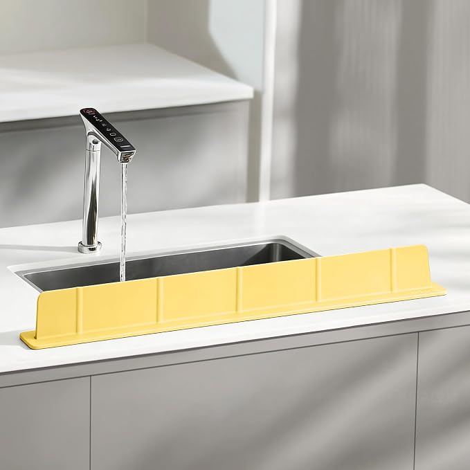 28Inch Silicone Sink Splash Guard with Strong Suction Cups, Flexible Kitchen Sink Splash Guard for Front of Sink, Easy to Clean Splash Guard for Kitchen & Bathroom (Yellow, 28''x2.8'')