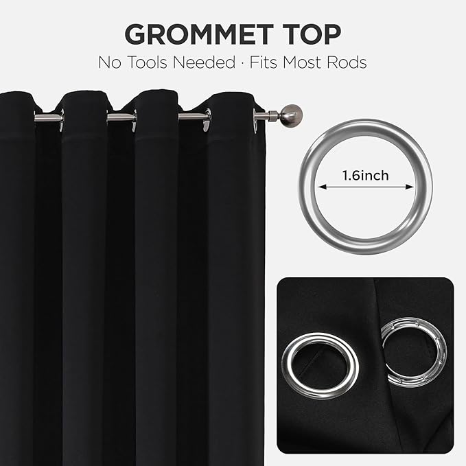 Joydeco Blackout Patio Sliding Door Curtains 108 Inches Long, Grommet Privacy Room Divider Curtains, Extra Wide Thermal Blackout Drapes for Bedroom Living Room (Black, 70Wx108L, 1 Panel)