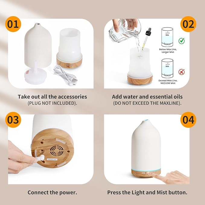 URPOWER 180mL Ceramic Essential Oil Diffuser Aromatherapy Diffuser for Home | Features Ultrasonic Mist, Auto-off Protection and 7-Color LED Lighting for A Relaxing Everyday Aromatherapy Experience