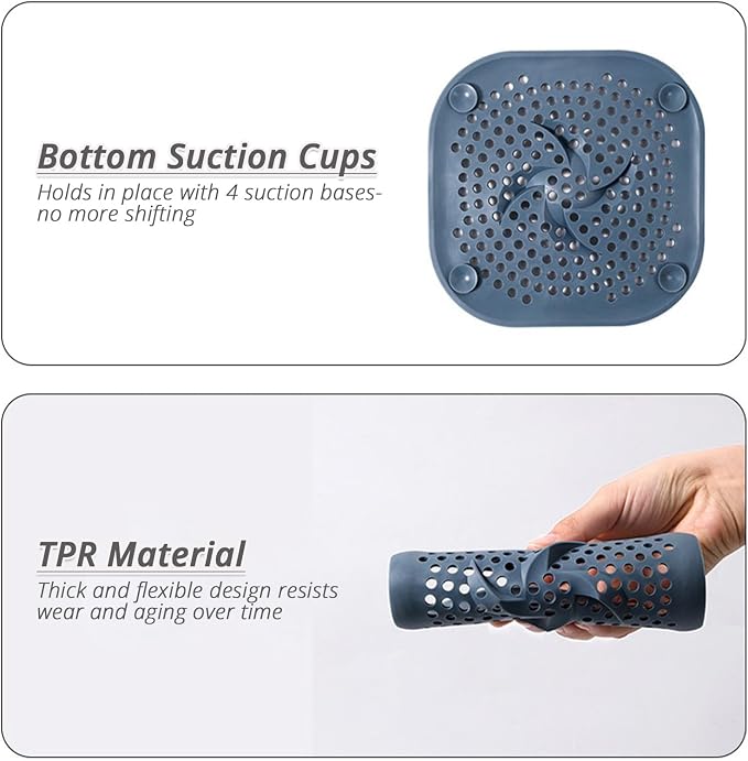 Drain Cover with Suction Cups, 5.9" Flat Square Strainer for Shower, Bathroom, Sink, 4 Pack