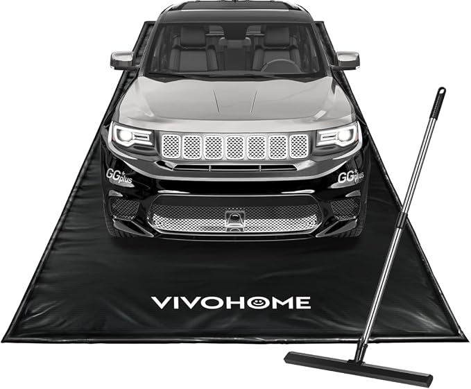 VIVOHOME Containment Mat (7'9" x 16') with Stay Put Corner, Black | PVC Garage Floor Mats, Heavy Duty Garage Parking Mat with a Squeegee