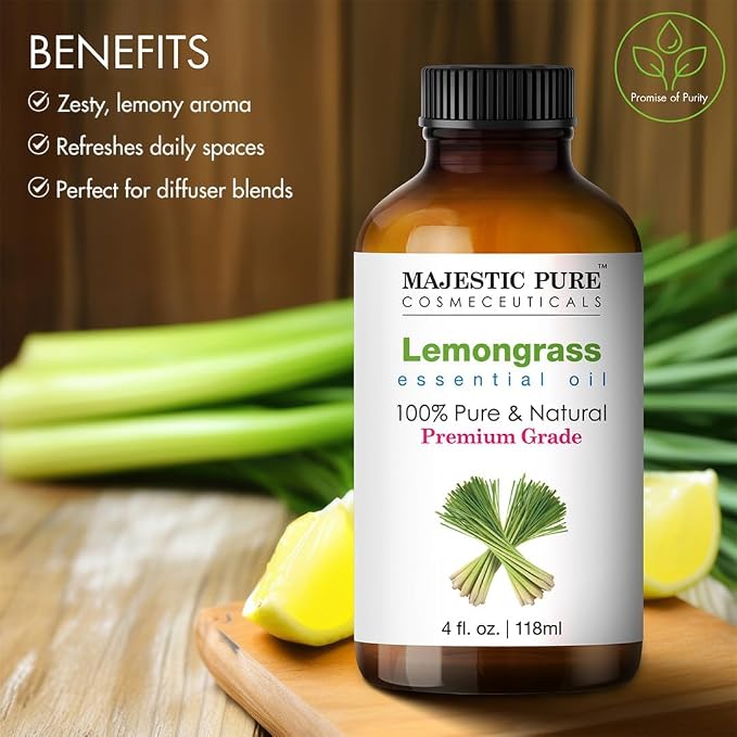 Majestic Pure Lemongrass Essential Oil for Diffuser - 4 Fl Oz | 100% Pure & Natural Essentials Oils for aromatherapy, massage blends and DIY home fragrance projects, Massage and room sprays