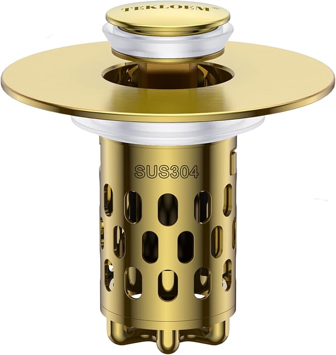 Bathroom Sink Drain Strainer,All Metal Pop-Up Sink Stopper with Removable Stainless Steel Filter Basket, Universal Bathroom Hair Catcher Fit for 1.1-2.36'' Drain (Gold, 1 Pack)
