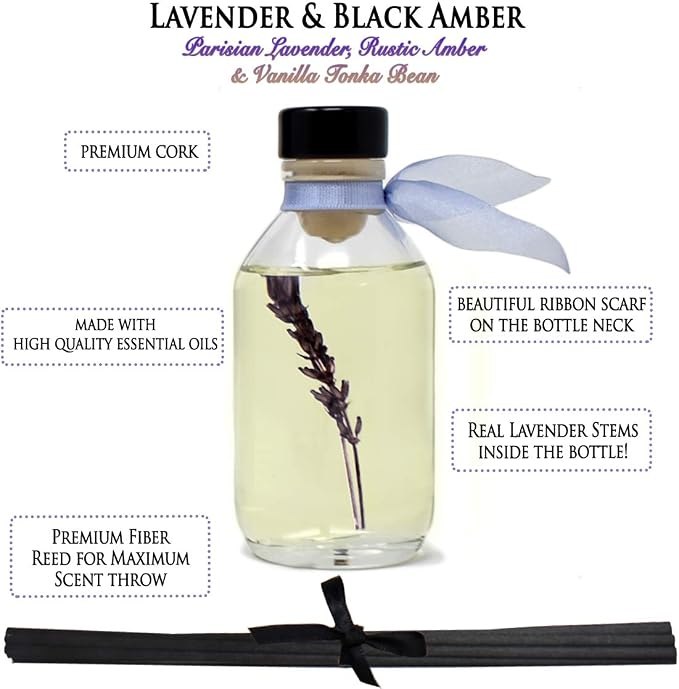 Reed Diffuser Set - Lavender & Black Amber Scented Diffuser with Sticks | Home Fragrance Reed Diffuser for Bedroom, Bathroom Shelf Décor, with Real Botanicals in the Bottle - Made in the USA