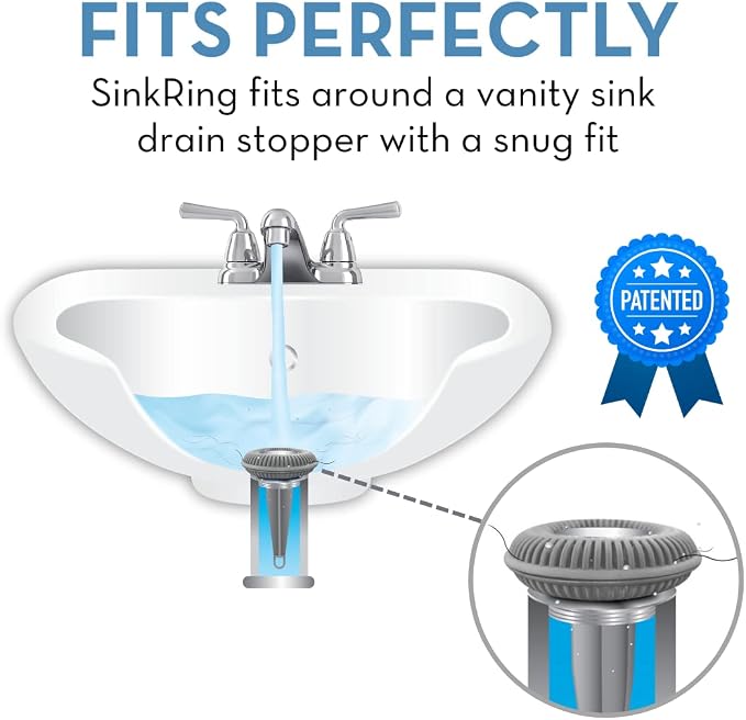 SinkRing Bathroom Sink Drain Protector & Strainer for Pop-Up Stoppers, Gray | Easy snap-in design. Precision clog-free trap prevents loss of earrings, jewelry or contacts. Fits 1.37" - 1.57" stoppers.