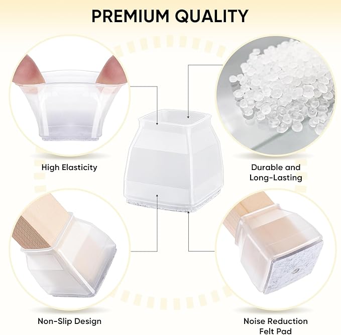 BALEINE 24 Pack Silicone Chair Leg Floor Protectors, Stool Leg Protectors Cap, Non-Slip Chair Leg Caps for Hardwood Floors (Clear & Large (Square), 24 Pack)