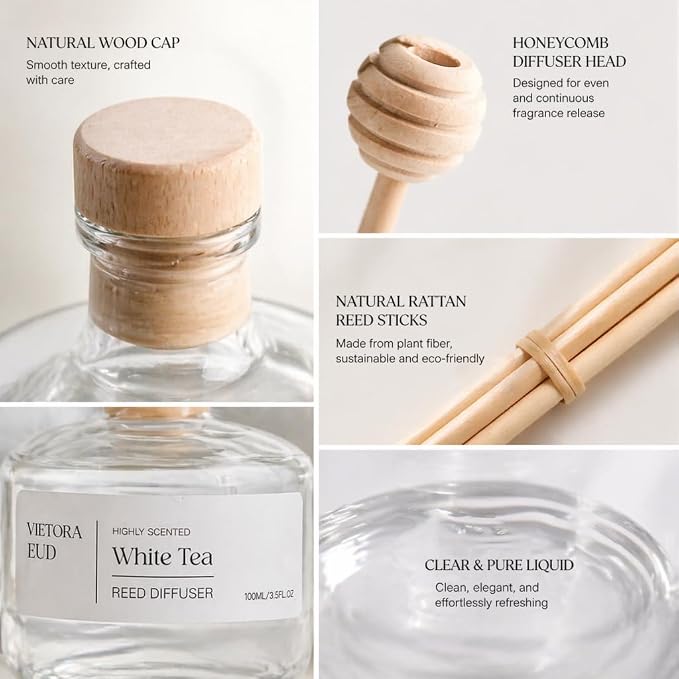 White Tea Reed Diffuser, 3.5 Fl Oz | Long-lasting Fragrance Oil,Air Freshers for Bedroom, Bathroom, Living Room or Office; Gift-ready.