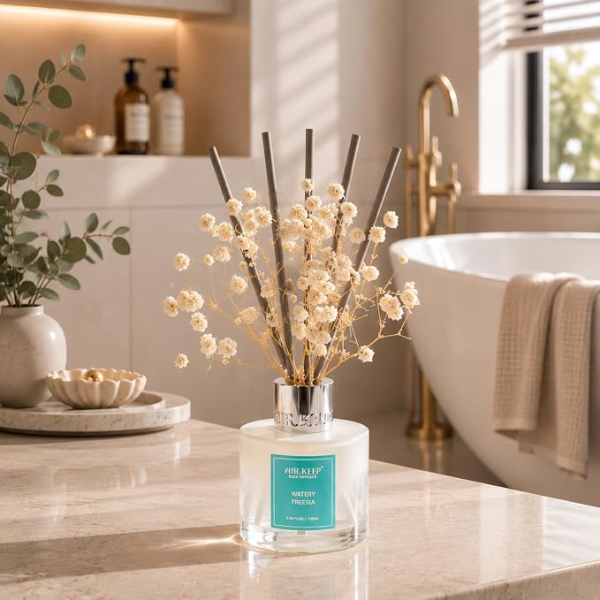 Reed Diffuser Set,3.38 fl oz (100 ml) - Watery Freesia Oil Diffusers with 8 Reed Sticks, Home Fragrance Reed Diffuser for Bathroom Shelf Decor
