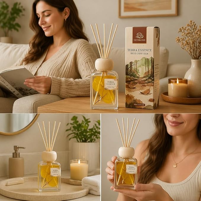 Terra Essence Reed Diffuser with Dried Leaves, 3.4 Fl Oz | Earthy wood and forest scent with real dried-leaf decor; long-lasting Air Fresheners for living room, bathroom or office.