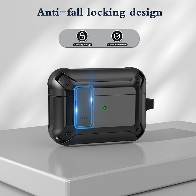 for AirPods Pro 3 Case with Lock Magnetic Lid, Black | Compatible Apple AirPods Pro 3, Compatible MagSafe, Protective Case with Cleaner Kit & Carabiner, Powerful Drop Protection