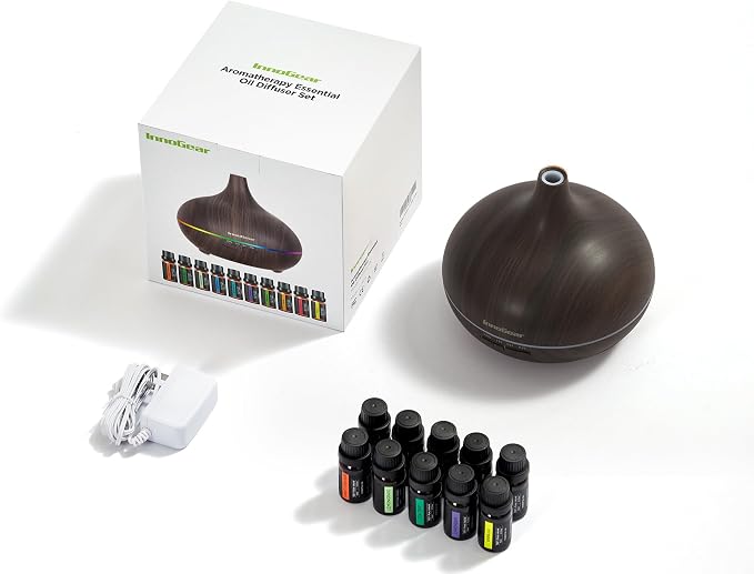 InnoGear 400ml Aromatherapy Essential Oil Diffuser 10 Oils Gift Set, Dark | Cool Mist Humidifier, Essential Oils, Ultrasonic, 4 Timers, Run up to 12hrs, Large Room, Home, Automatic Shut-Off, Quiet