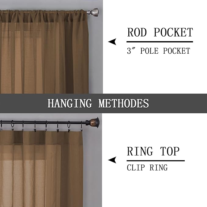 Tollpiz Sheer Curtains Linen Textured Bedroom Curtain Sheers Light Filtering Rod Pocket Voile Curtains for Living Room, 54 x 84 inches Long, Brown, Set of 2 Panels
