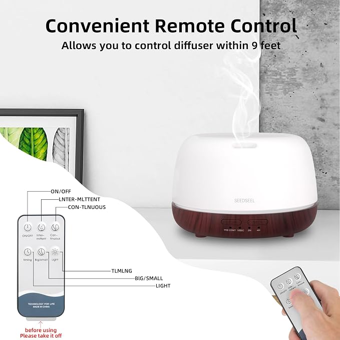 SEEDSEEL 300ML Essential Oil Diffuser,Aromatherapy Diffuser with Remote Control, 7-Color LED Light and 4 Timers,Quiet Auto-Off for Bedroom, Home,Office