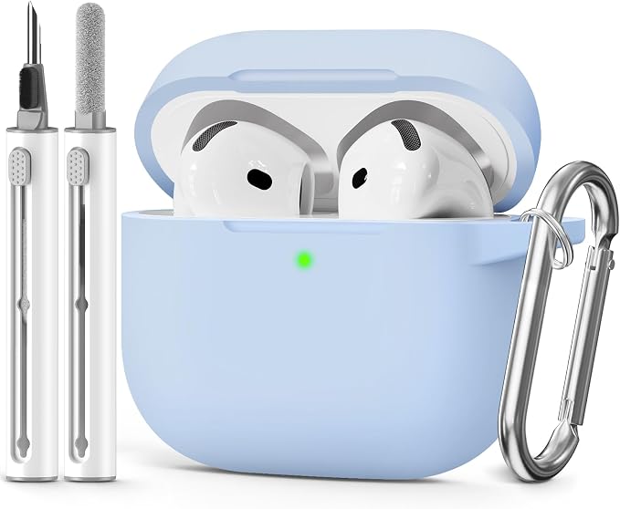 for AirPods 4 Case 2024 with Cleaner Kit & Keychain-Sky Blue | Silicone Protective Cover for Apple AirPods 4th Generation Case,for Women Men,One-Piece Design,Shockproof,Dust Proof